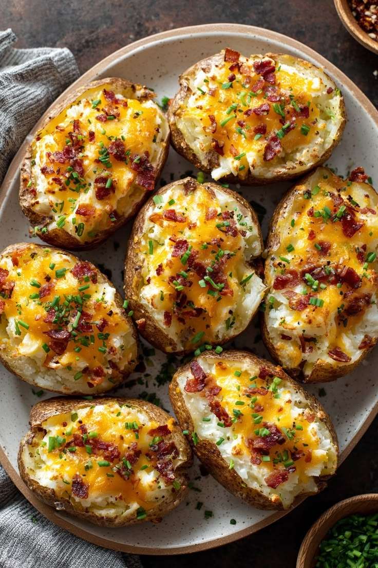 Pommes de terre farcies au fromage fondu et bacon croustillant, gratinées au four, garnies de crème fraîche et ciboulette.