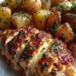 Filets de poulet rôti dorés au four avec fromage fondu, servis avec des pommes de terre rôties à l’ail, herbes de Provence et persil frais.