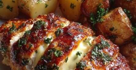 Filets de poulet rôti dorés au four avec fromage fondu, servis avec des pommes de terre rôties à l’ail, herbes de Provence et persil frais.