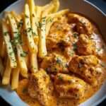 Morceaux de poulet mijotés dans une sauce butter chicken crémeuse à la tomate et aux épices, servis avec des frites maison dorées.