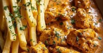 Morceaux de poulet mijotés dans une sauce butter chicken crémeuse à la tomate et aux épices, servis avec des frites maison dorées.