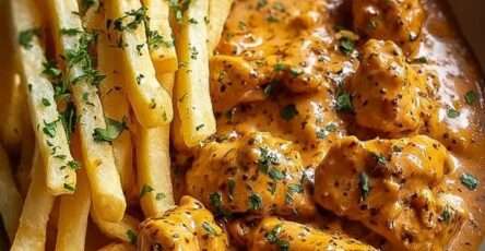 Morceaux de poulet mijotés dans une sauce butter chicken crémeuse à la tomate et aux épices, servis avec des frites maison dorées.