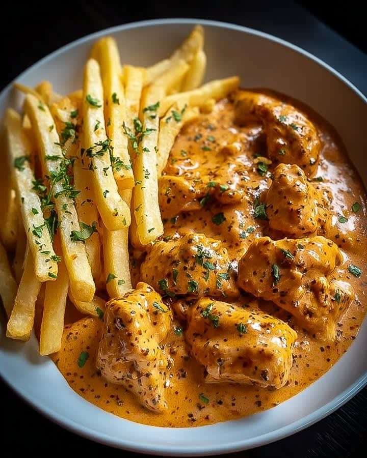 Morceaux de poulet mijotés dans une sauce butter chicken crémeuse à la tomate et aux épices, servis avec des frites maison dorées.