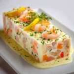 Terrine de poisson blanc et crevettes servie en tranches avec sauce citronnée, ciboulette fraîche, quartiers de citron et crevettes entières.