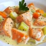 Blanquette de saumon crémeuse avec poireaux, carottes, sauce blanche citronnée et persil frais, servie chaude dans une assiette.