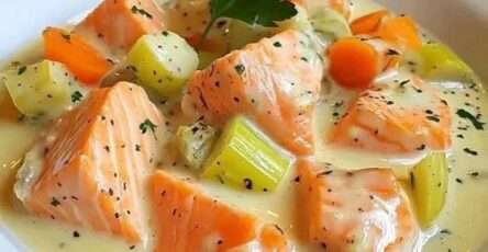Blanquette de saumon crémeuse avec poireaux, carottes, sauce blanche citronnée et persil frais, servie chaude dans une assiette.