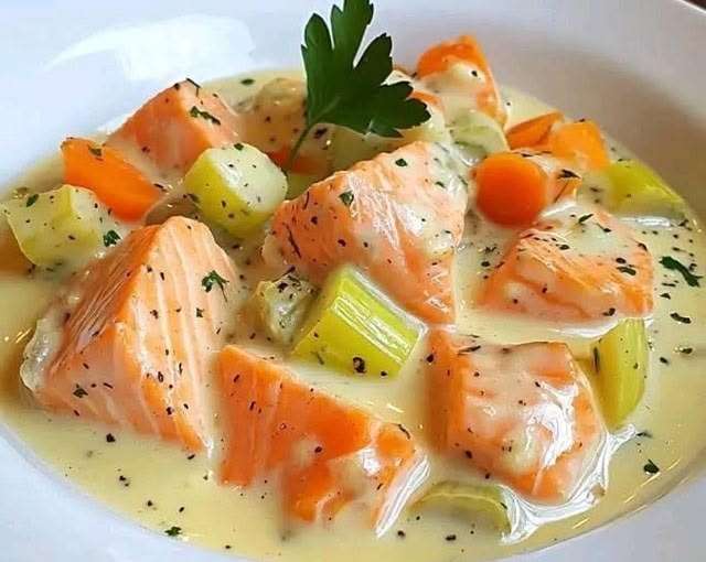 Blanquette de saumon crémeuse avec poireaux, carottes, sauce blanche citronnée et persil frais, servie chaude dans une assiette.