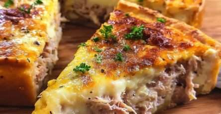 Quiche au thon crémeuse et dorée, garnie de thon émietté, fromage râpé, persil frais et pâte brisée croustillante.