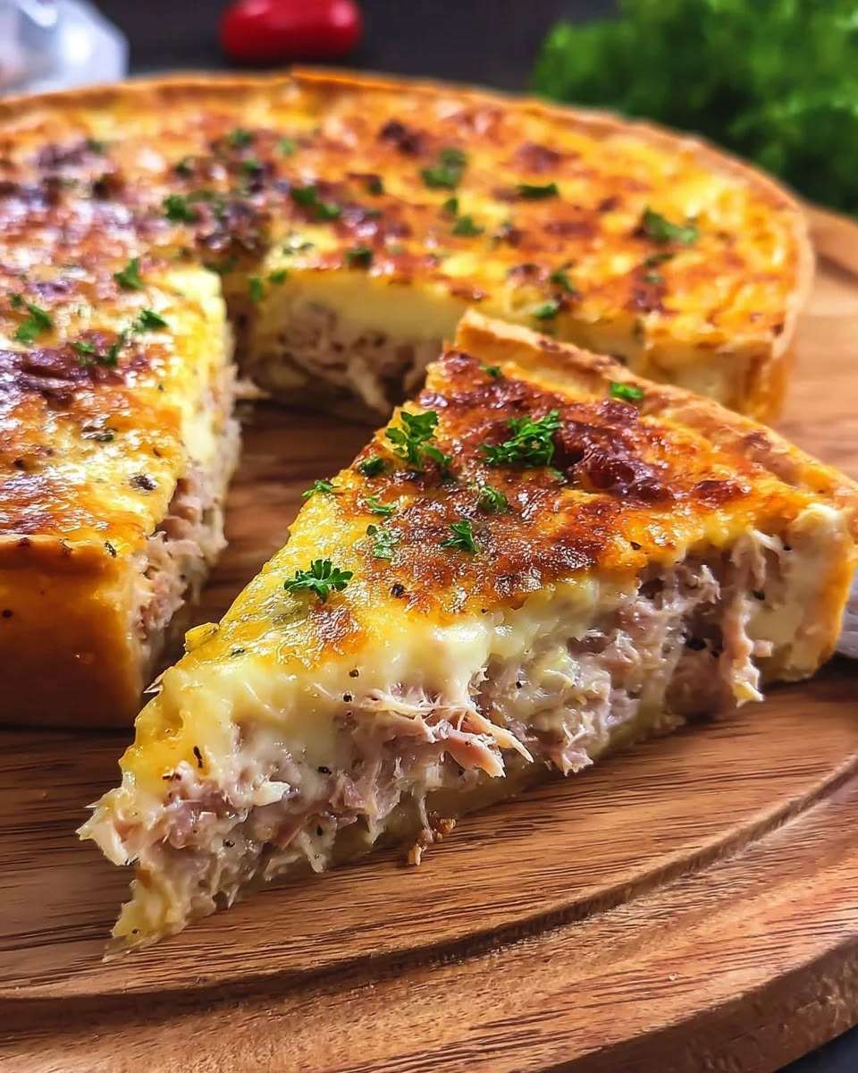 Quiche au thon crémeuse et dorée, garnie de thon émietté, fromage râpé, persil frais et pâte brisée croustillante.