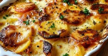 Gratin de pommes de terre au chorizo, tomates en dés, béchamel crémeuse et gruyère râpé doré dans un plat familial servi chaud.