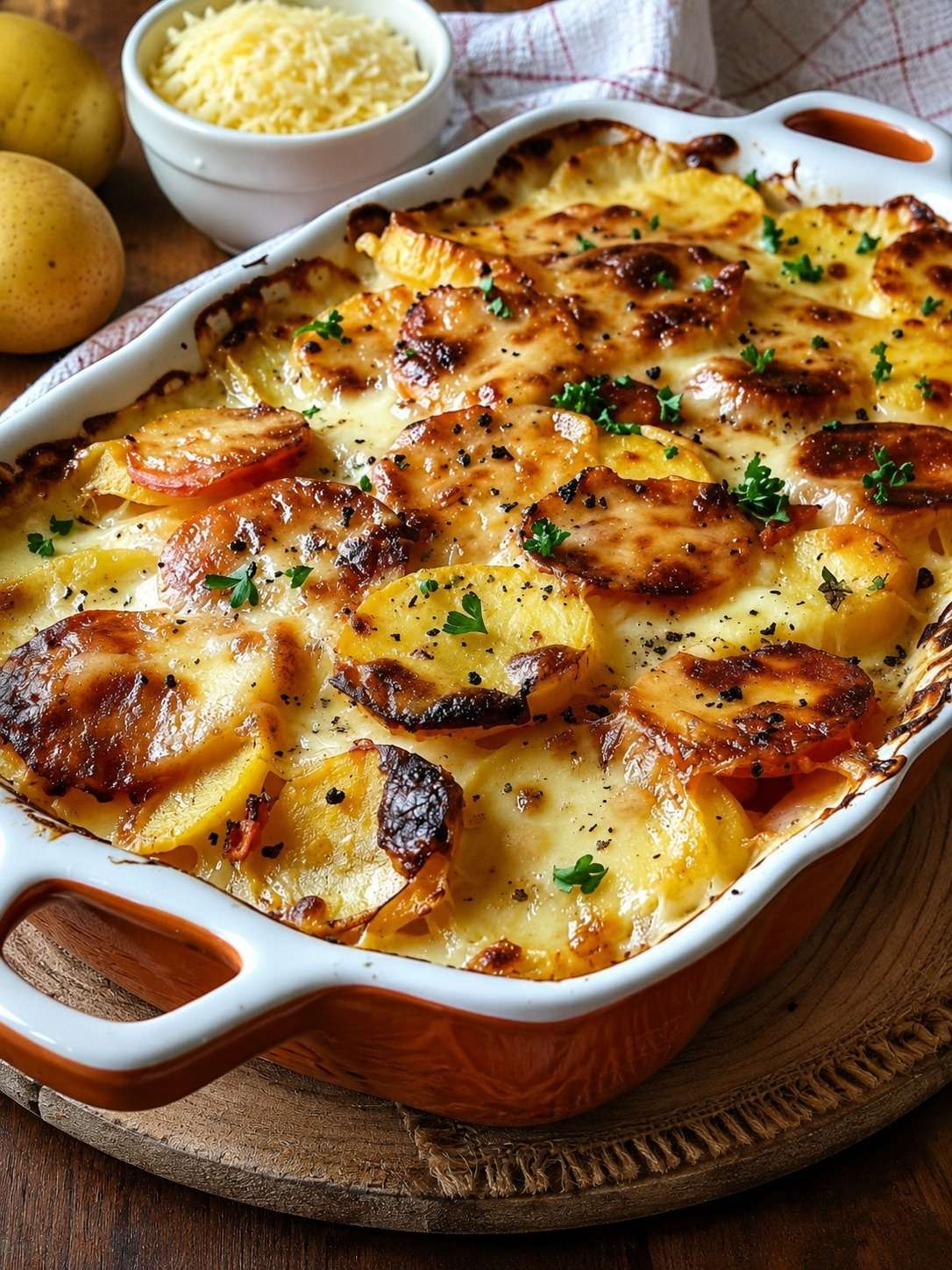 Gratin de pommes de terre au chorizo, tomates en dés, béchamel crémeuse et gruyère râpé doré dans un plat familial servi chaud.