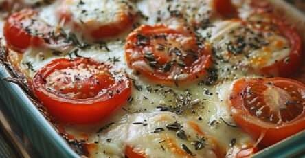 Gratin léger de tomates mûres avec mozzarella allégée fondue, oignon, ail et herbes de Provence dans un plat doré au four.