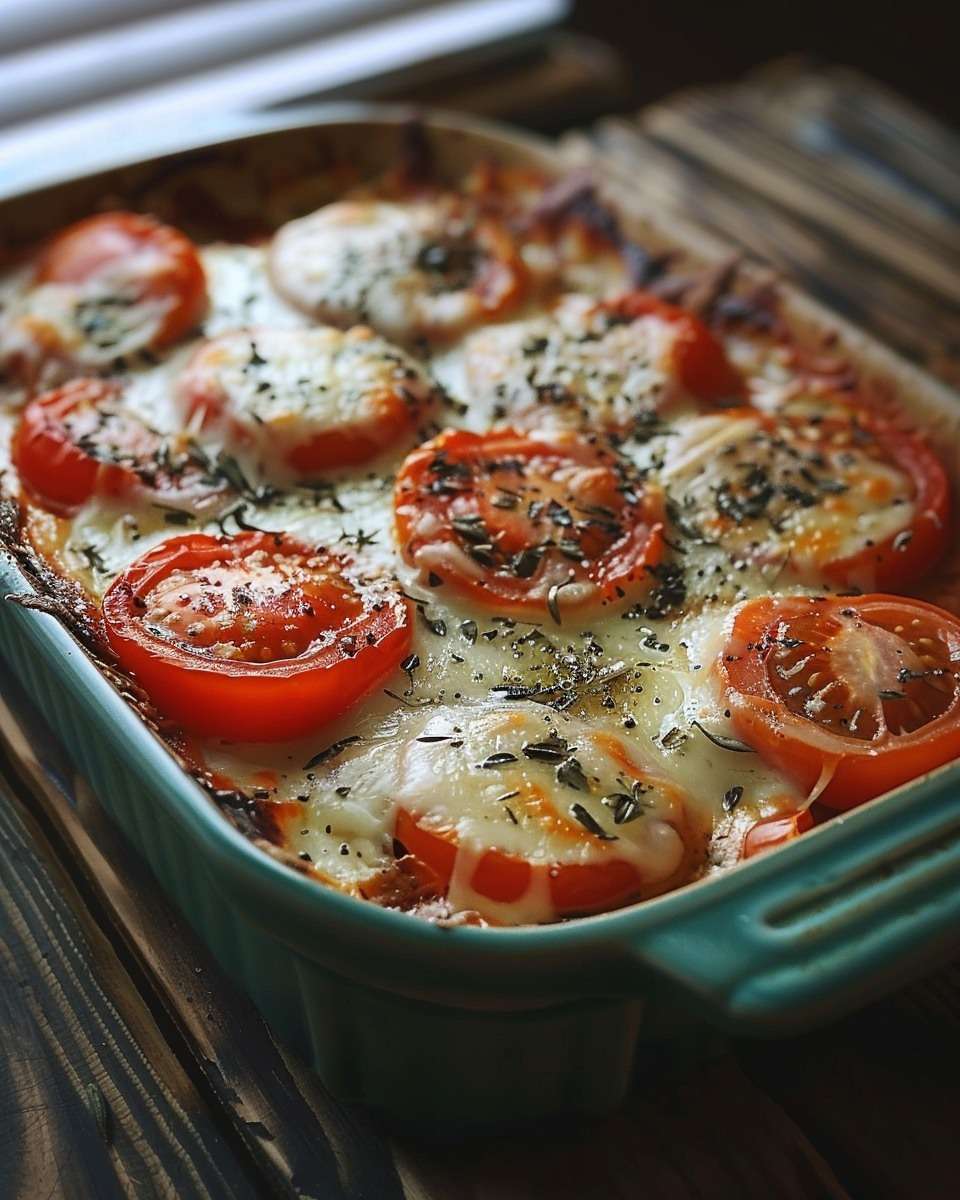Gratin léger de tomates mûres avec mozzarella allégée fondue, oignon, ail et herbes de Provence dans un plat doré au four.
