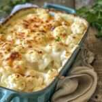 Gratin de chou-fleur léger avec sauce crémeuse sans beurre, fromage râpé doré, muscade et chou-fleur fondant dans un plat au four.
