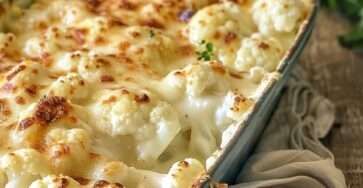Gratin de chou-fleur léger avec sauce crémeuse sans beurre, fromage râpé doré, muscade et chou-fleur fondant dans un plat au four.