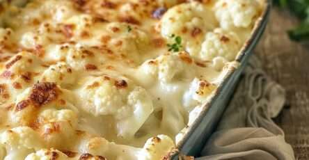 Gratin de chou-fleur léger avec sauce crémeuse sans beurre, fromage râpé doré, muscade et chou-fleur fondant dans un plat au four.