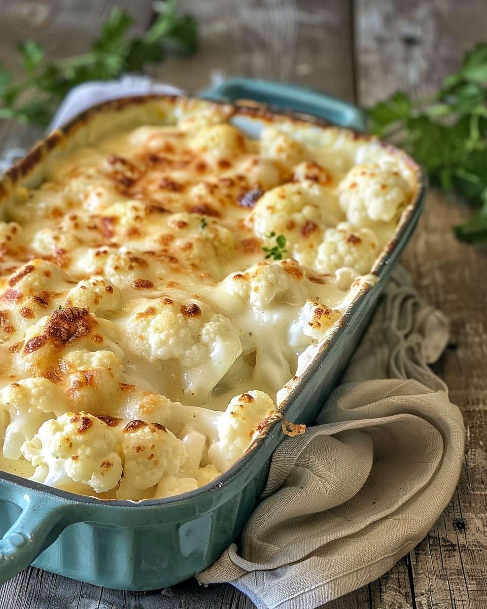 Gratin de chou-fleur léger avec sauce crémeuse sans beurre, fromage râpé doré, muscade et chou-fleur fondant dans un plat au four.