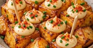 Bouchées de pommes de terre dorées au four avec paprika fumé, aïoli léger au citron, ail râpé et ciboulette fraîche ciselée.