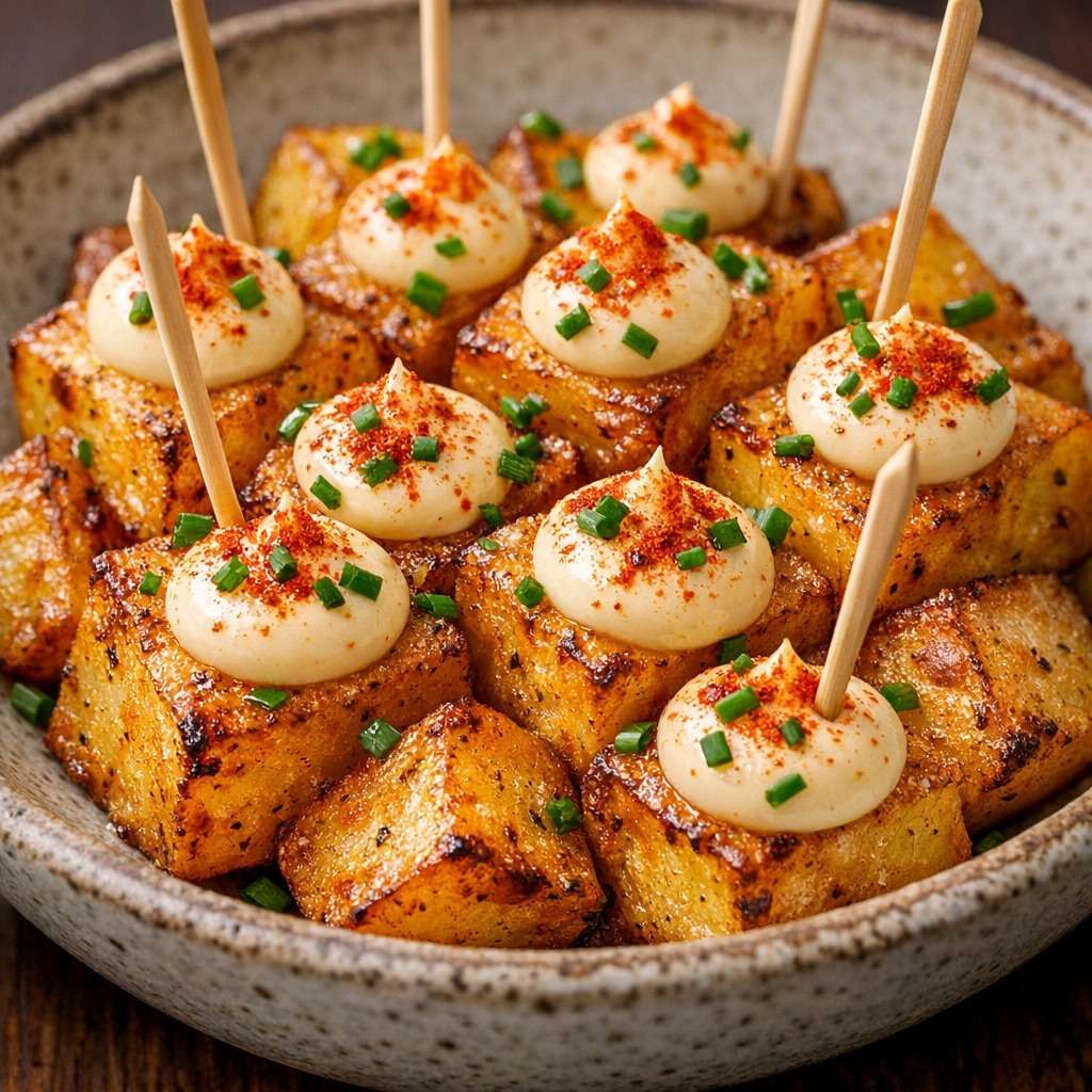 Bouchées de pommes de terre dorées au four avec paprika fumé, aïoli léger au citron, ail râpé et ciboulette fraîche ciselée.