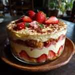 Tiramisu aux fraises maison avec crème mascarpone onctueuse, biscuits à la cuillère imbibés de jus de fraises et décoration de menthe fraîche.