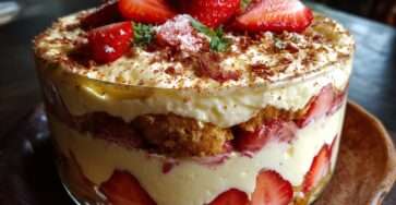 Tiramisu aux fraises maison avec crème mascarpone onctueuse, biscuits à la cuillère imbibés de jus de fraises et décoration de menthe fraîche.