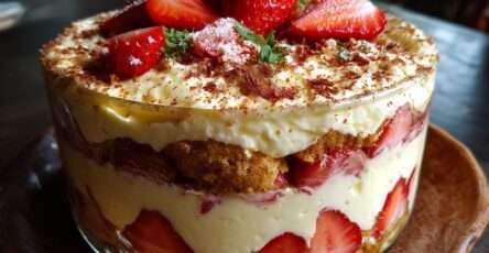 Tiramisu aux fraises maison avec crème mascarpone onctueuse, biscuits à la cuillère imbibés de jus de fraises et décoration de menthe fraîche.