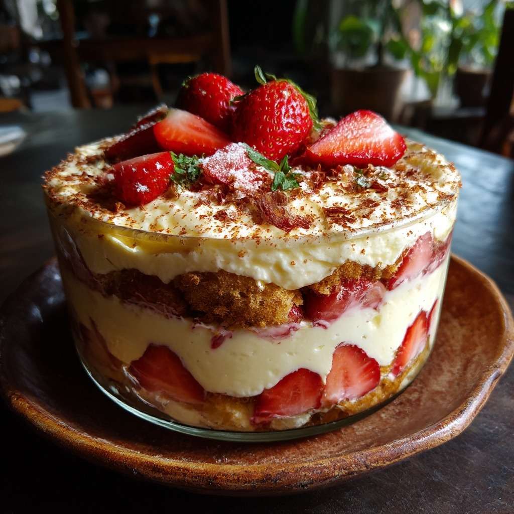Tiramisu aux fraises maison avec crème mascarpone onctueuse, biscuits à la cuillère imbibés de jus de fraises et décoration de menthe fraîche.