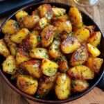 Pommes de terre grenailles dorées au four, marinées à l’huile d’olive, ail, thym, romarin et persil frais, servies bien croustillantes.