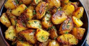 Pommes de terre grenailles dorées au four, marinées à l’huile d’olive, ail, thym, romarin et persil frais, servies bien croustillantes.