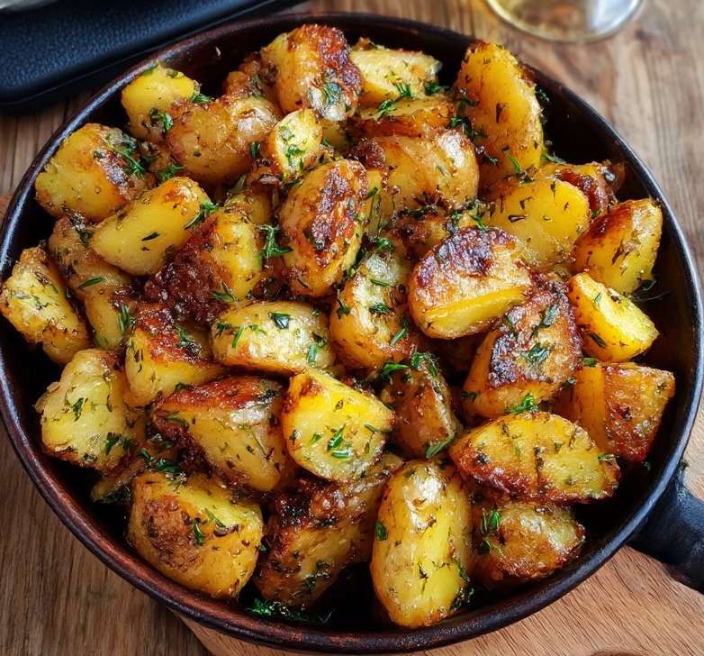 Pommes de terre grenailles dorées au four, marinées à l’huile d’olive, ail, thym, romarin et persil frais, servies bien croustillantes.