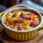 Œufs cocotte aux poivrons rouges et jaunes, crème fraîche, fromage râpé fondu et herbes fraîches servis dans des ramequins.