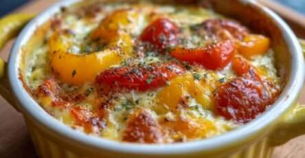 Œufs cocotte aux poivrons rouges et jaunes, crème fraîche, fromage râpé fondu et herbes fraîches servis dans des ramequins.