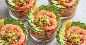Coupes apéritives transparentes garnies de crevettes, avocat en dés, salsa de tomate, concombre, citron vert et coriandre fraîche.