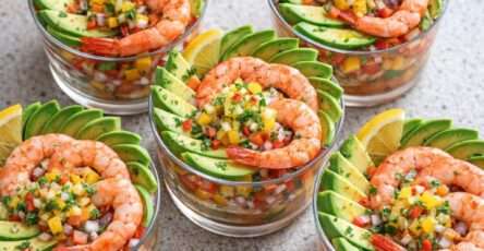 Coupes apéritives transparentes garnies de crevettes, avocat en dés, salsa de tomate, concombre, citron vert et coriandre fraîche.