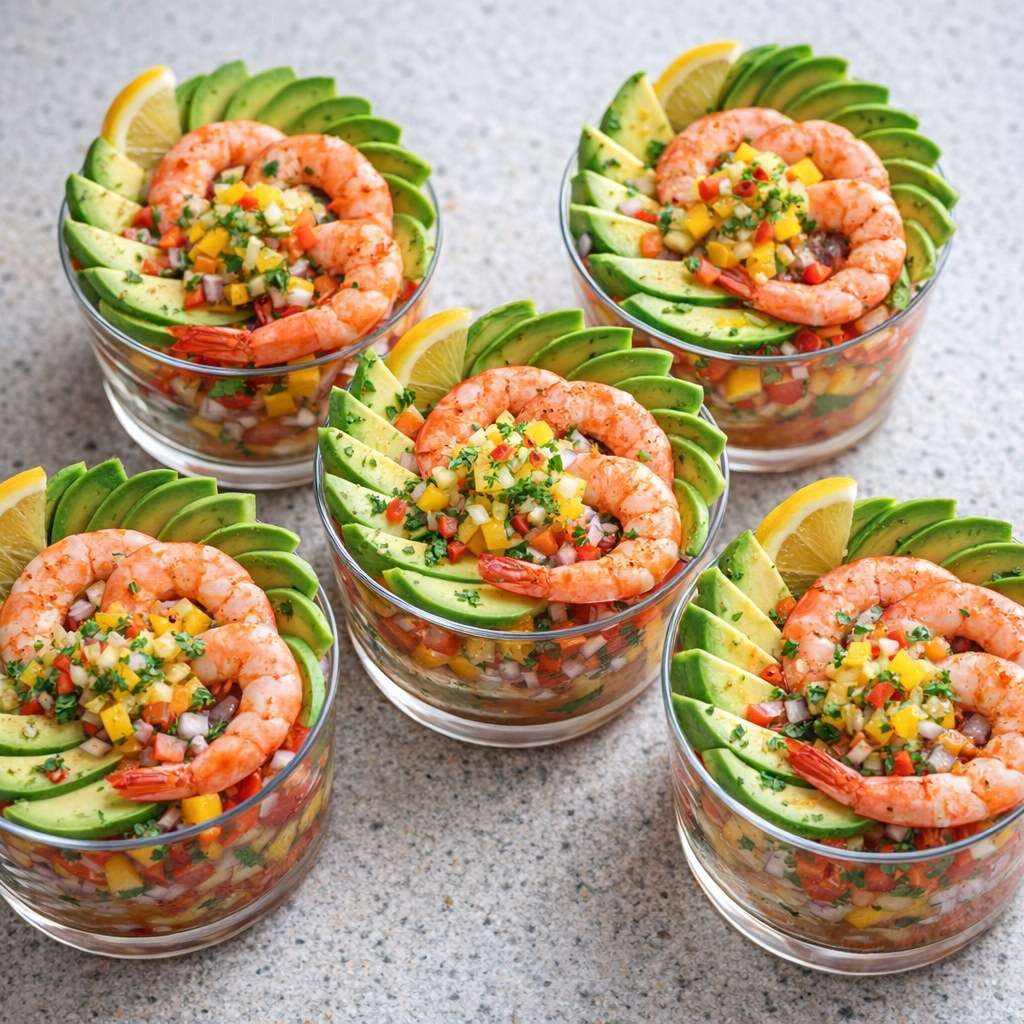Coupes apéritives transparentes garnies de crevettes, avocat en dés, salsa de tomate, concombre, citron vert et coriandre fraîche.