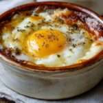 Œufs cocotte à la crème fraîche servis dans des ramequins, avec fromage râpé fondu, poivre noir et jaune d’œuf coulant.