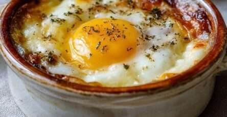 Œufs cocotte à la crème fraîche servis dans des ramequins, avec fromage râpé fondu, poivre noir et jaune d’œuf coulant.