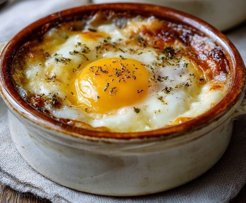 Œufs cocotte à la crème fraîche servis dans des ramequins, avec fromage râpé fondu, poivre noir et jaune d’œuf coulant.