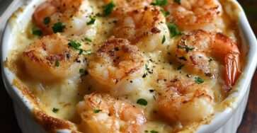 Gratin de crevettes crémeux au four servi dans un plat doré, avec une sauce onctueuse, du fromage gratiné et du persil frais.
