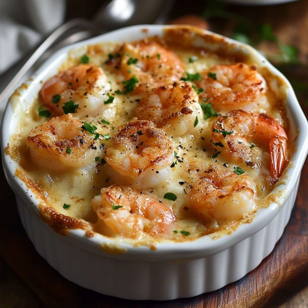 Gratin de crevettes crémeux au four servi dans un plat doré, avec une sauce onctueuse, du fromage gratiné et du persil frais.