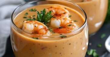 Verrines de bisque de crevettes mousseuse servies dans de petits verres transparents, décorées de crevettes, ciboulette et mousse crémeuse.