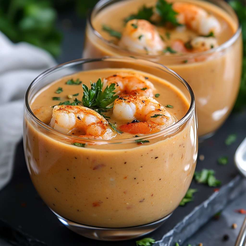 Verrines de bisque de crevettes mousseuse servies dans de petits verres transparents, décorées de crevettes, ciboulette et mousse crémeuse.