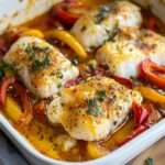 Filets de cabillaud au four sur un lit de poivrons rouges et jaunes fondants, avec oignon, ail, citron et persil frais.