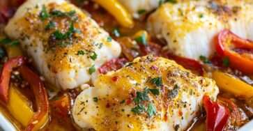 Filets de cabillaud au four sur un lit de poivrons rouges et jaunes fondants, avec oignon, ail, citron et persil frais.