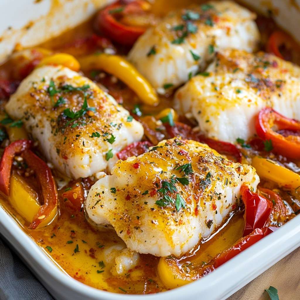 Filets de cabillaud au four sur un lit de poivrons rouges et jaunes fondants, avec oignon, ail, citron et persil frais.