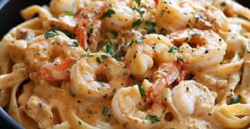 Assiette de pâtes aux crevettes et au crabe nappées d’une sauce cajun crémeuse au parmesan, garnies d’herbes fraîches et de citron.