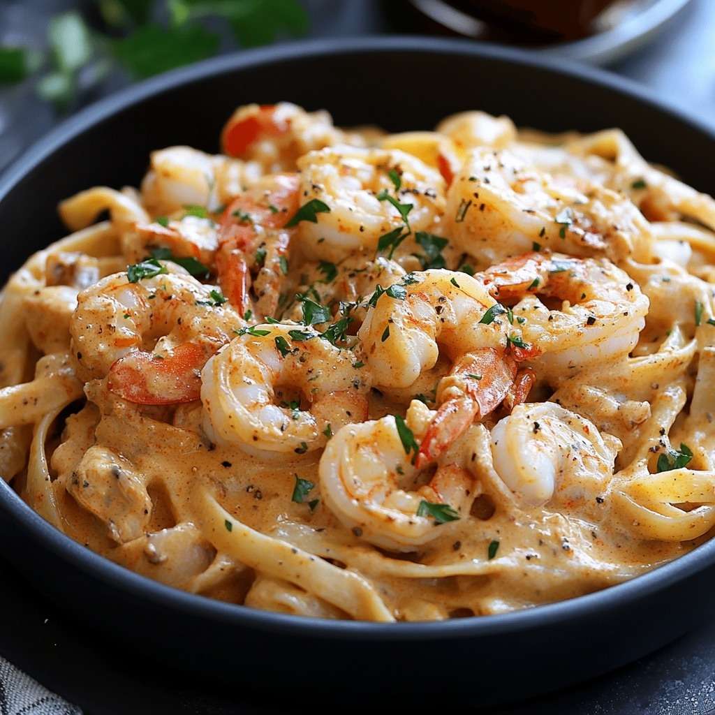 Assiette de pâtes aux crevettes et au crabe nappées d’une sauce cajun crémeuse au parmesan, garnies d’herbes fraîches et de citron.