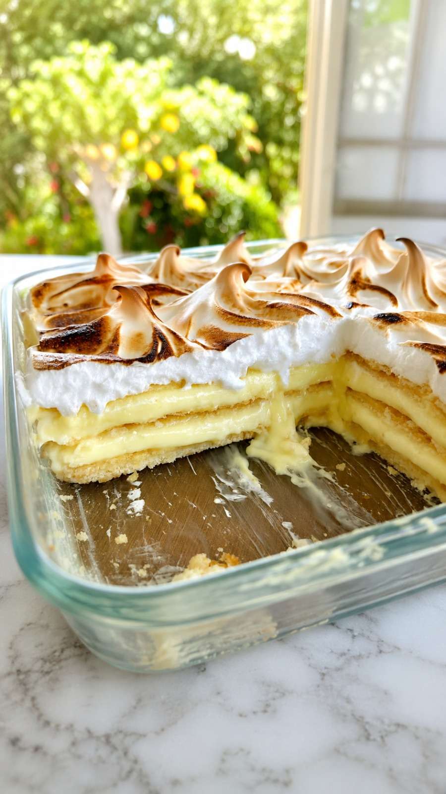 Gâteau frais citron meringué sans cuisson présenté en parts généreuses, avec couches de biscuits fondants, crème au citron et meringue dorée.