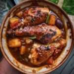 Pilons de poulet à la bière mijotés dans une cocotte avec pommes de terre, tomates, poivron rouge, olives noires et sauce parfumée.