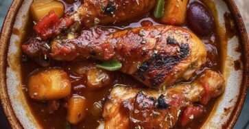 Pilons de poulet à la bière mijotés dans une cocotte avec pommes de terre, tomates, poivron rouge, olives noires et sauce parfumée.